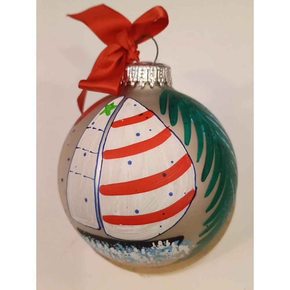 Hand Painted Sailboat Glass Christmas Ornament Signed Diane Coastal Nautical